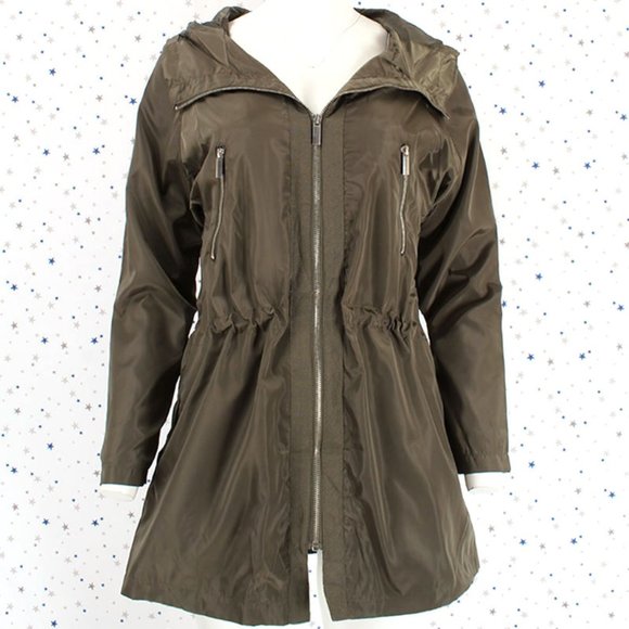 Hooded Zip Up Windbreaker Utility Jacket Olive - Picture 2 of 8